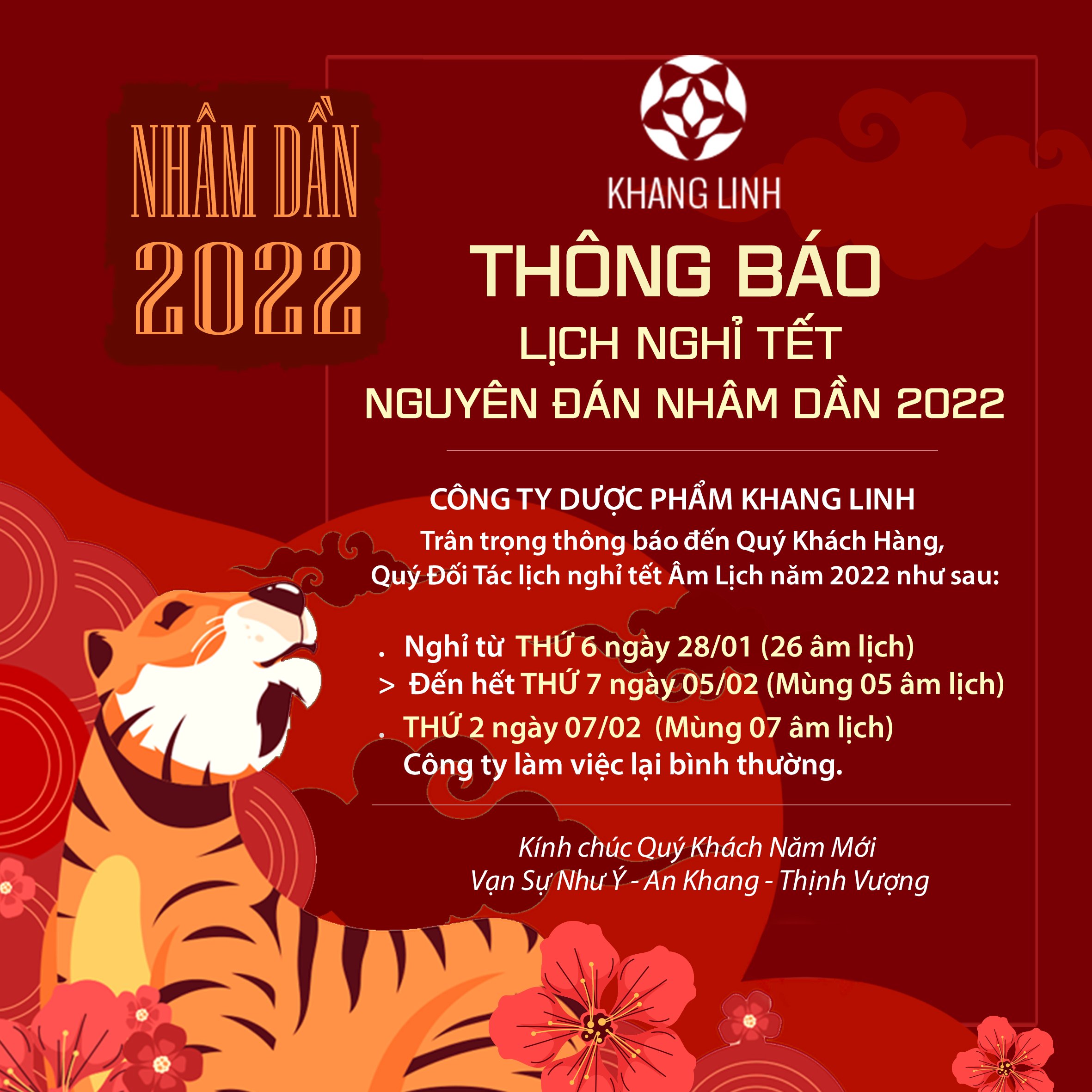Thông báo lịch nghỉ Tết Nguyên Đán Nhâm Dần 2022